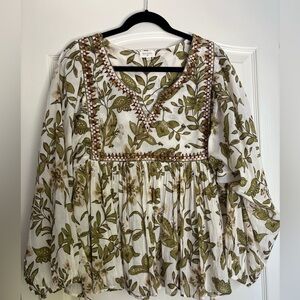 World Market Stella Ivory And Green Embroidered Floral Boho Blouse